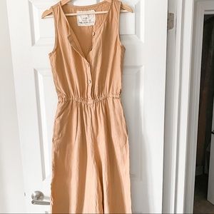 Linen button front wide leg cropped jumpsuit